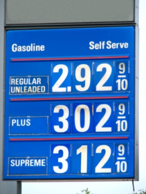 Fuel prices sign at gas station